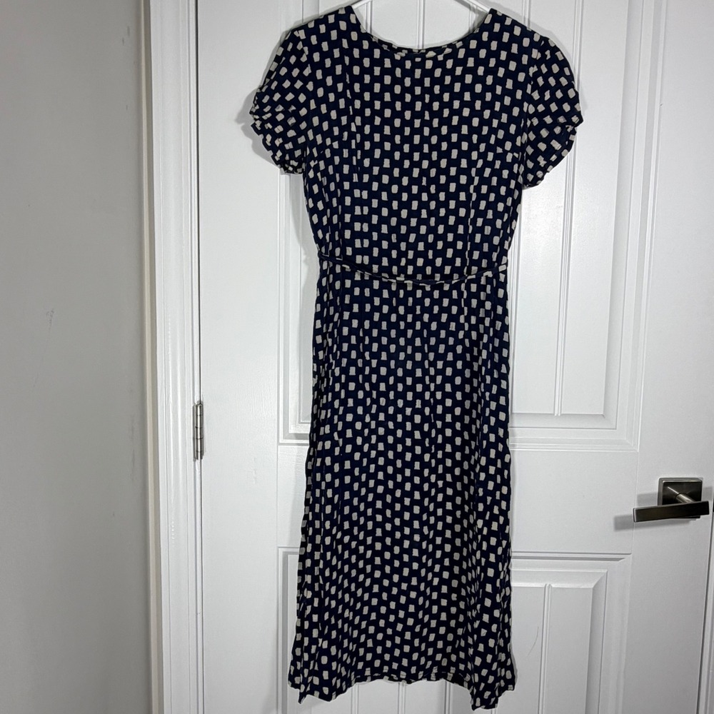 Unomia Navy Blue 100% Silk Abstract Square Print Tie Waist Midi Dress Large